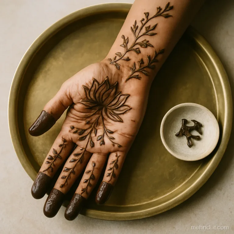 Light bridal mehndi covering the full hand with fine lines and open spaces.