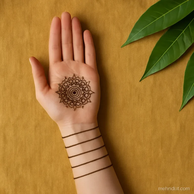 Simple bridal palm with one mandala and thin bands spaced up to the elbow.