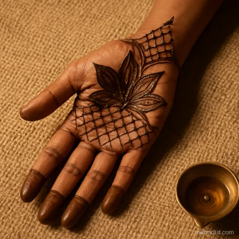 Simple bridal palm with fanned shagun leaves and light jaal to the forearm.