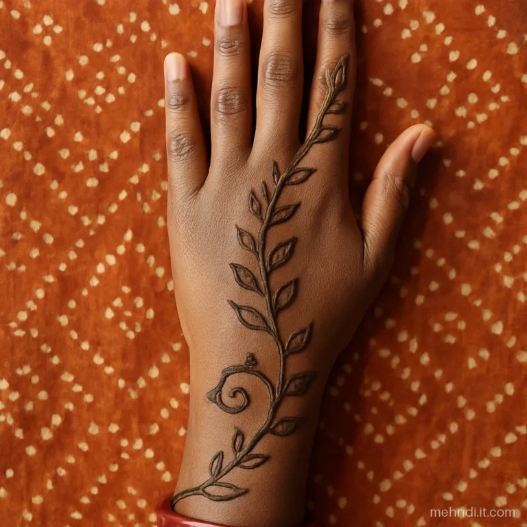 Single leafy vine wrapping around the bride's arm from finger to elbow.