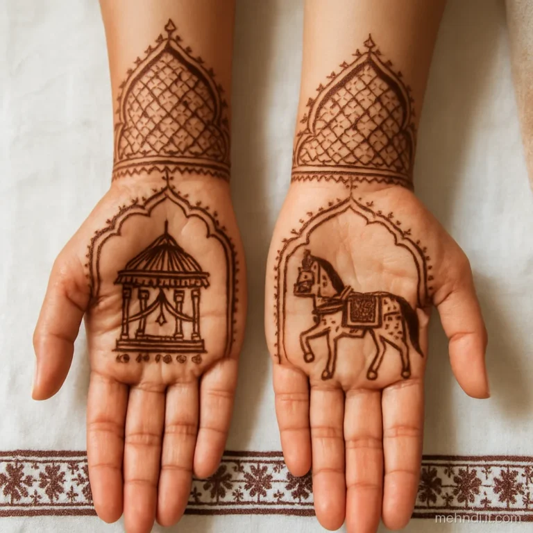 Two bridal palms side by side, one with a doli, one with a decorated horse.