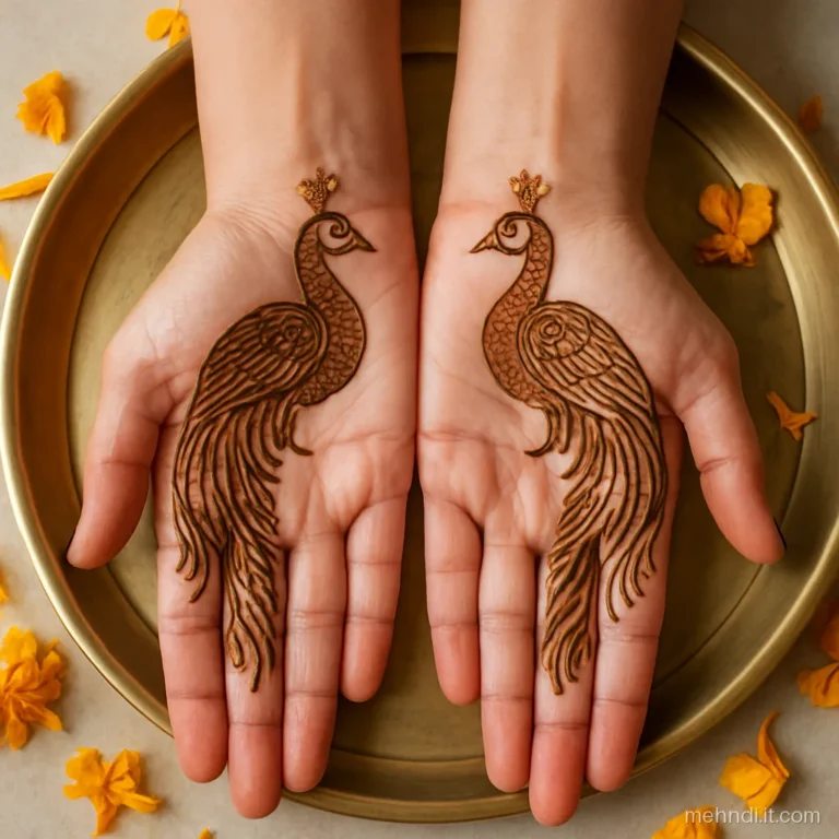 Two bridal palms each holding a peacock that faces the other when joined.