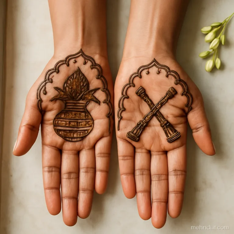 Matching bridal hands with a kalash on one palm and crossed shehnai on the other.