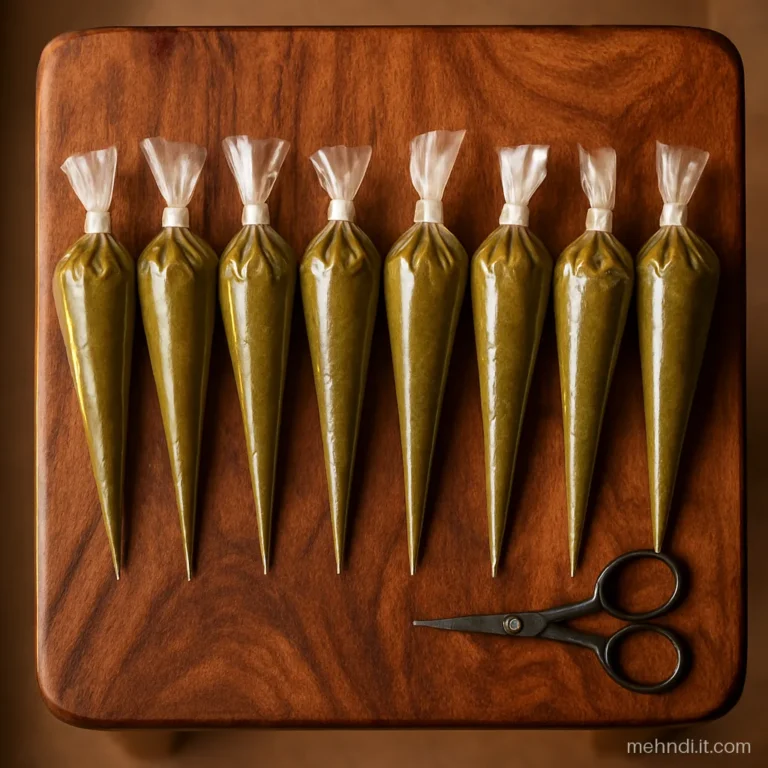 Row of filled henna cones with the tops folded and taped, tips still closed