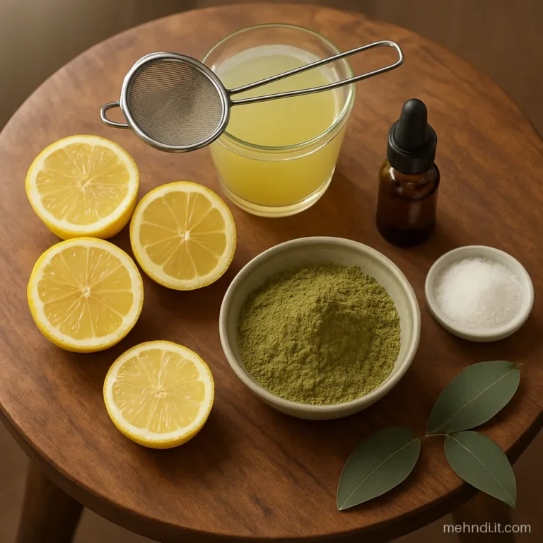 Lemons, a spoon of sugar and a small unlabelled bottle of eucalyptus oil beside henna