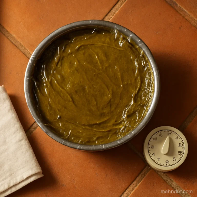 Henna paste in a bowl covered with cling wrap and a darker orange tint on top