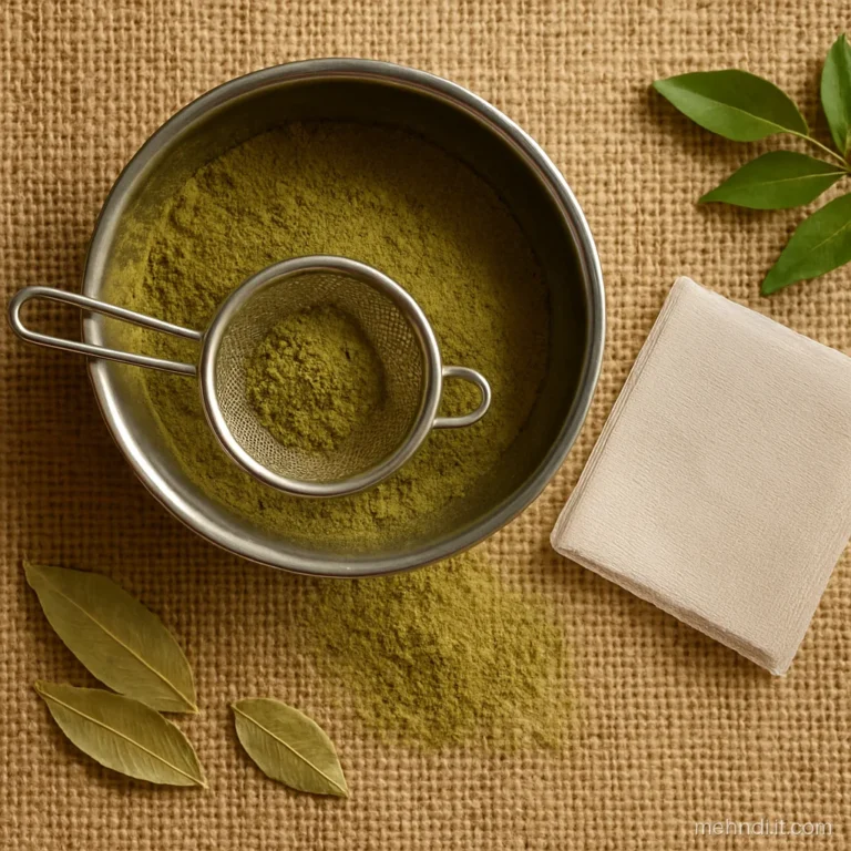 Fine green henna powder being sifted through a steel tea strainer into a bowl