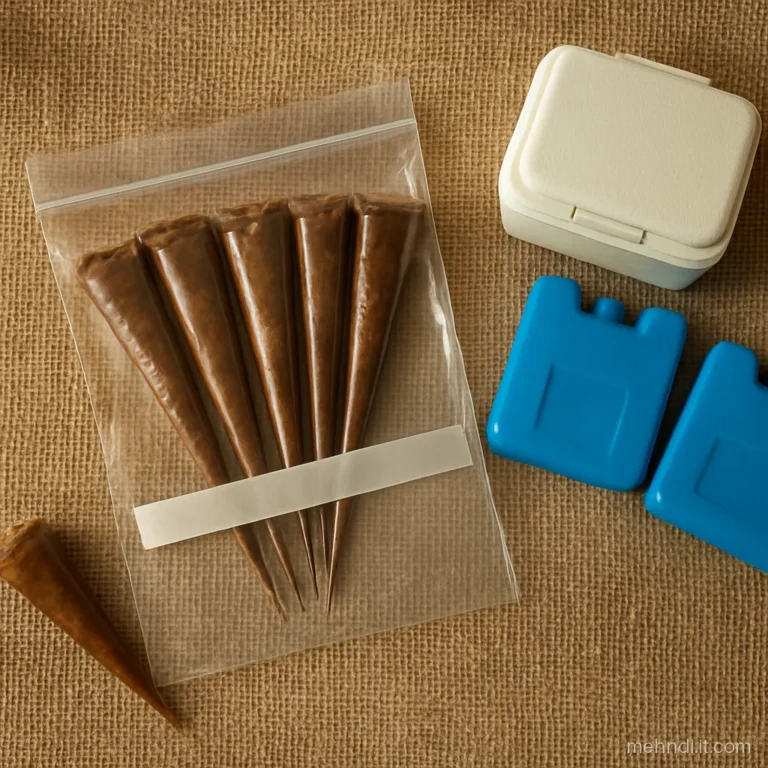 Filled mehndi cones inside a zip bag next to a small box of ice packs