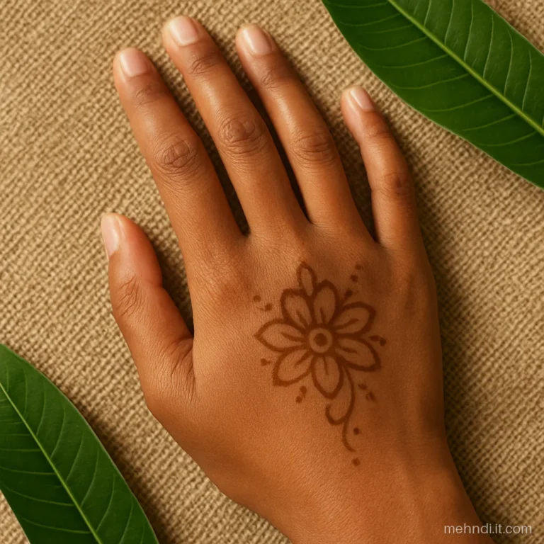 Back of hand with a medium brown henna stain lighter than a typical palm