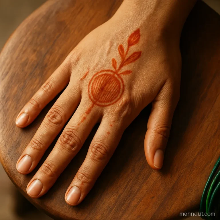 Palm with a bright orange henna stain just after the dried paste was scraped off