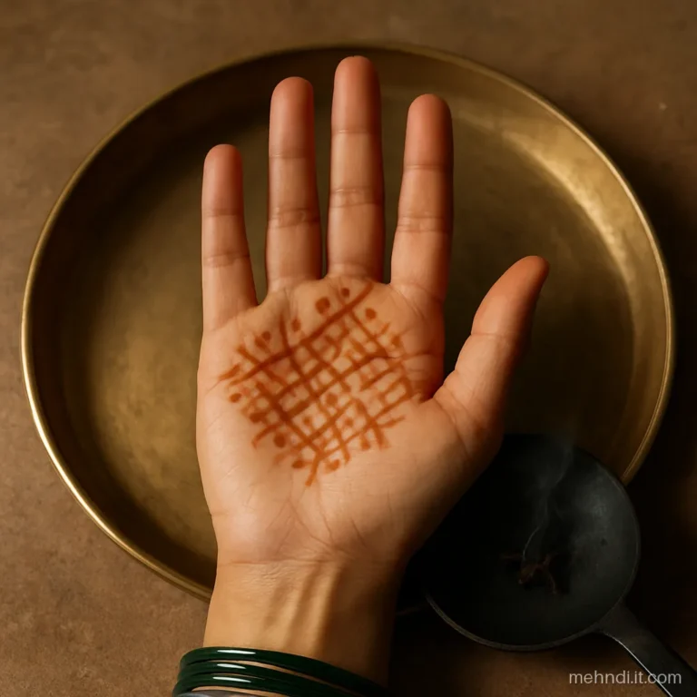 Hand held above a warm iron tawa with cloves after henna paste was removed
