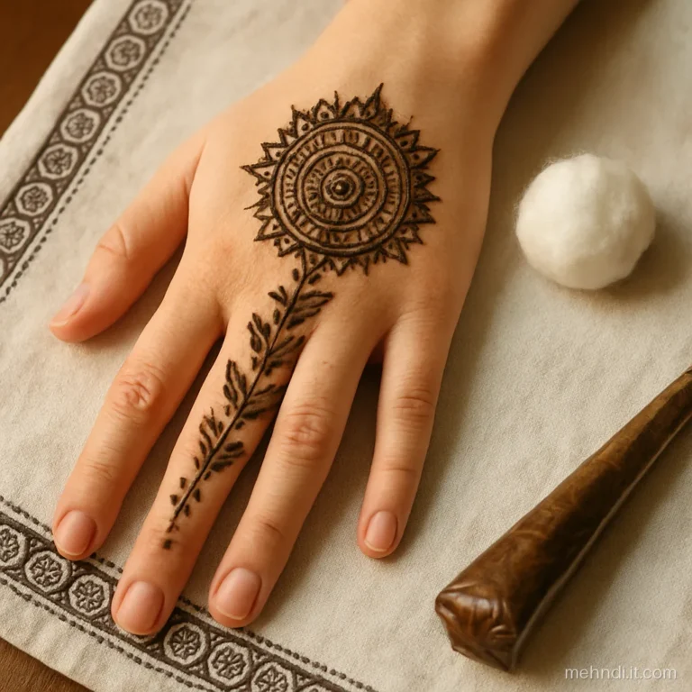 Dried henna paste on the palm with a shiny lemon sugar glaze on top