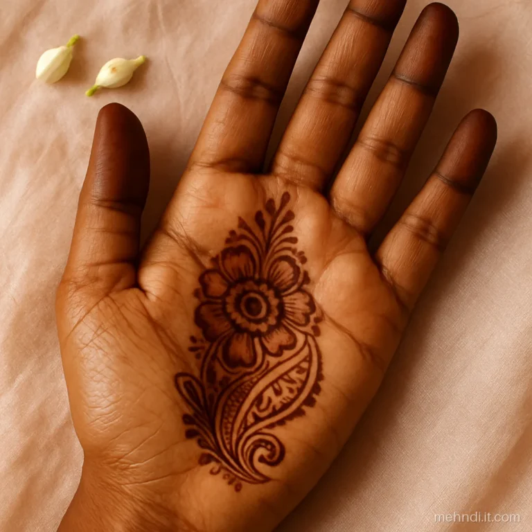 Palm with a deep maroon brown henna stain two days after application