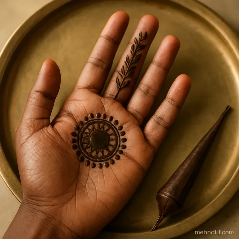 Palm covered in wet dark brown henna paste in a simple tikki and bel design