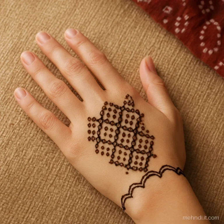 Back of the hand covered in bandhani-style dot squares with a scalloped wrist edge