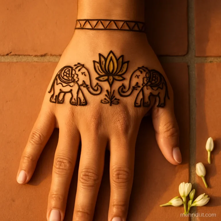 Back of the hand with two small decorated elephants facing a lotus near the knuckles