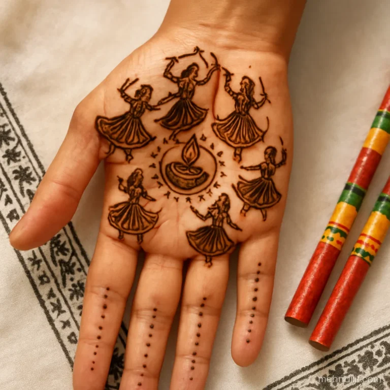 Bride's left palm with tiny garba dancers moving in a ring around a central diya