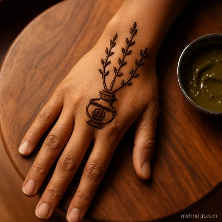 Back of the hand with a kalash and sathiya symbol on the wrist and vines on fingers