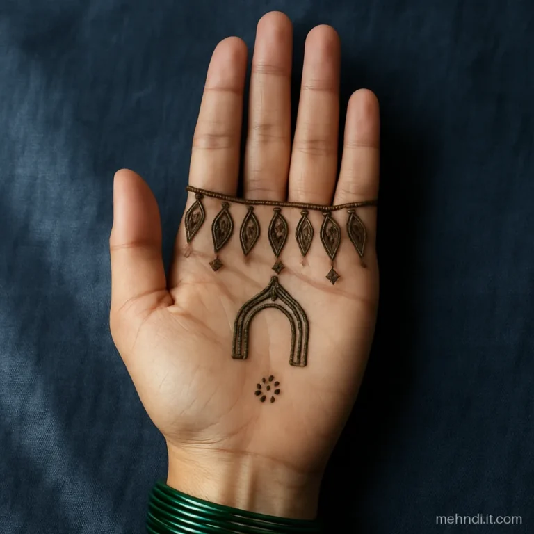 Bride's palm with a hanging toran of mango leaves across the top of the palm