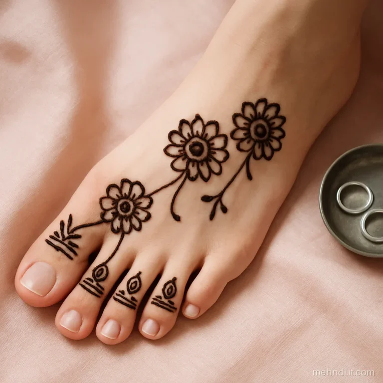 Bride's foot with toe ring shapes on three toes linked to a flower on the foot top