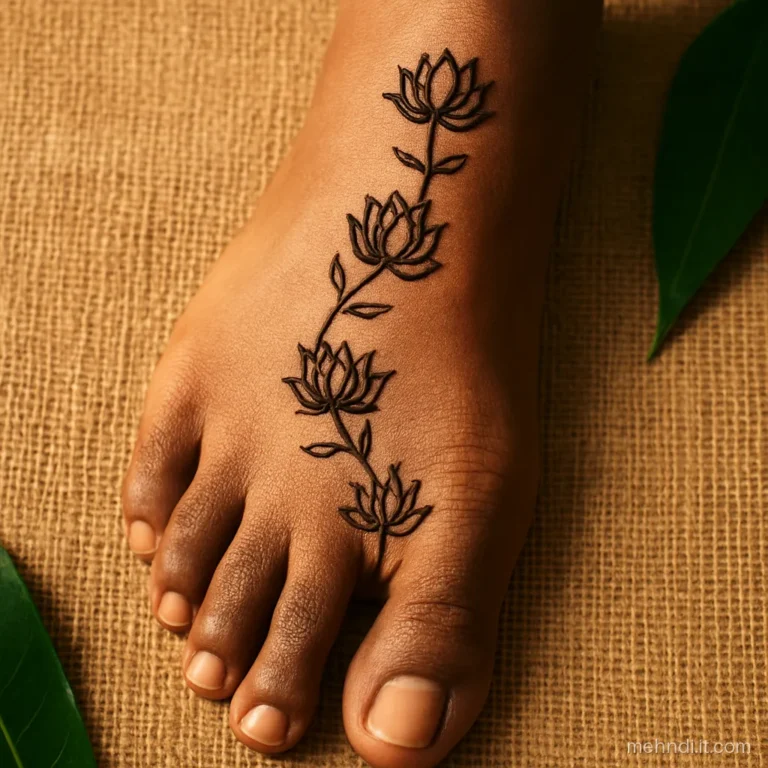 Foot and ankle with a path of small lotuses from the big toe up to the ankle