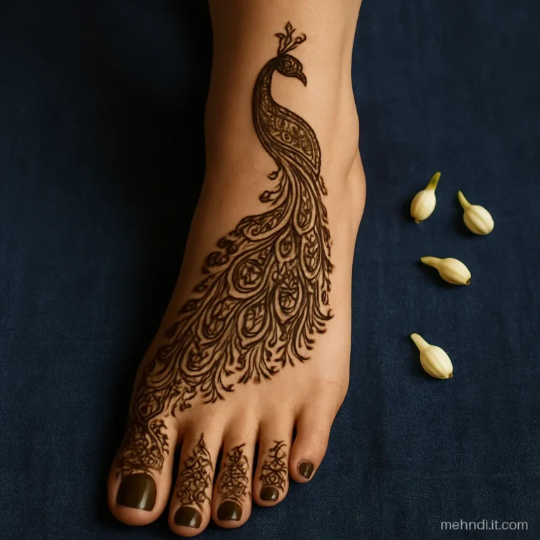 Bridal foot and lower leg with a tall peacock design climbing the front of the shin