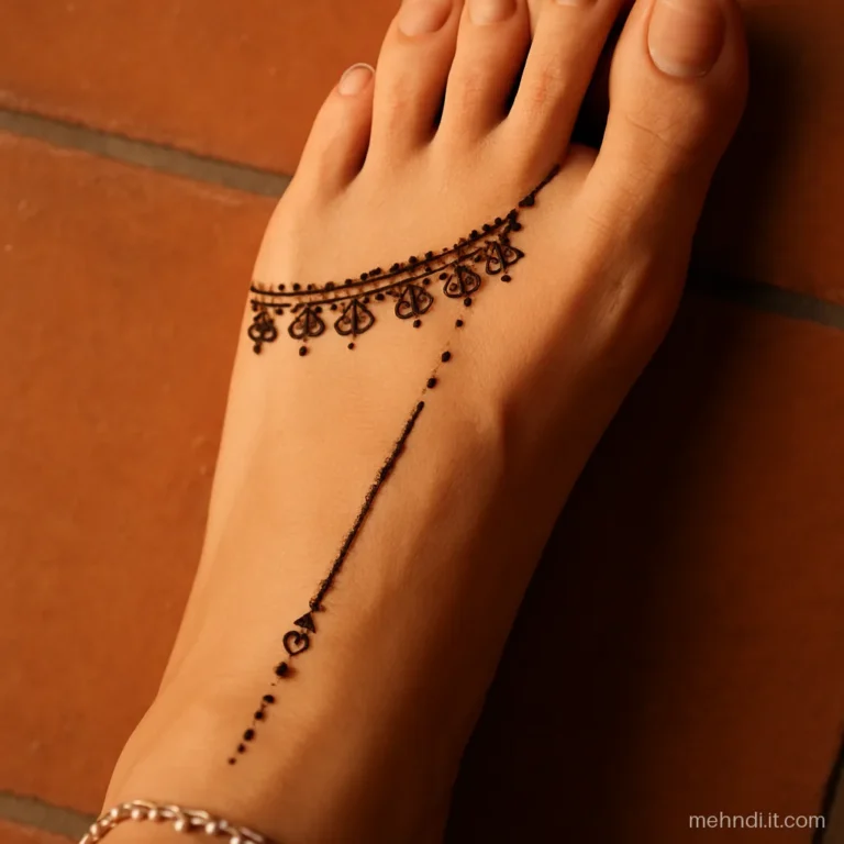 Bride's foot and ankle with a payal band of small bells and a toe ring line