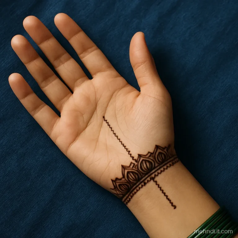 Bridal wrist with a wide cuff of half lotuses and a thin chain line to the middle finger