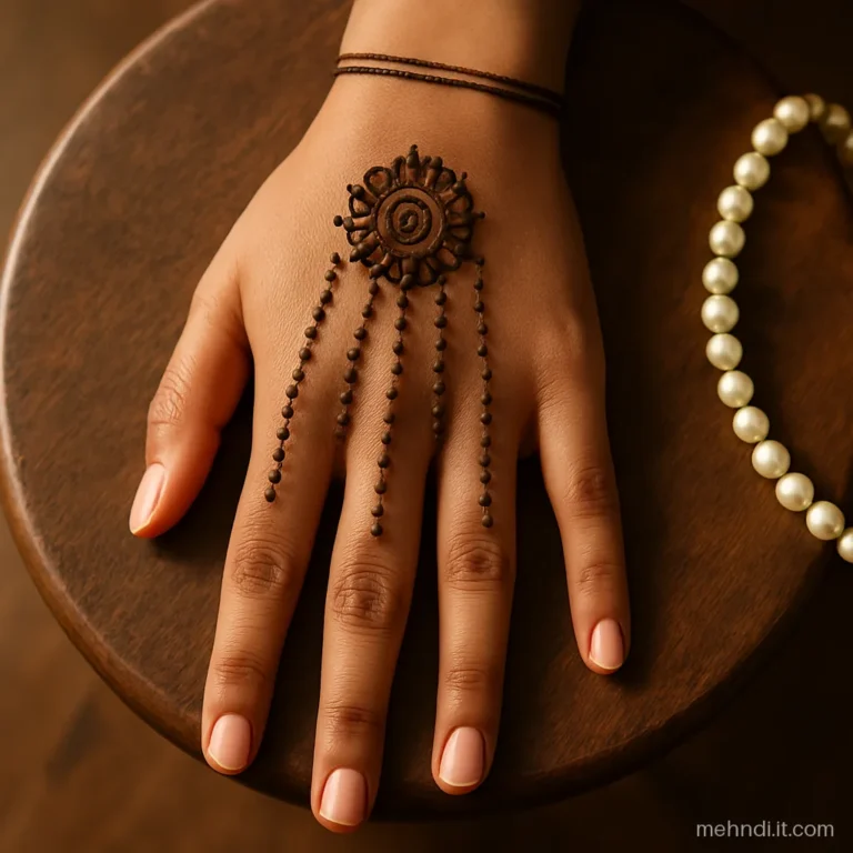 Bridal palm with strings of pearl dots hanging down each finger like mundavalya