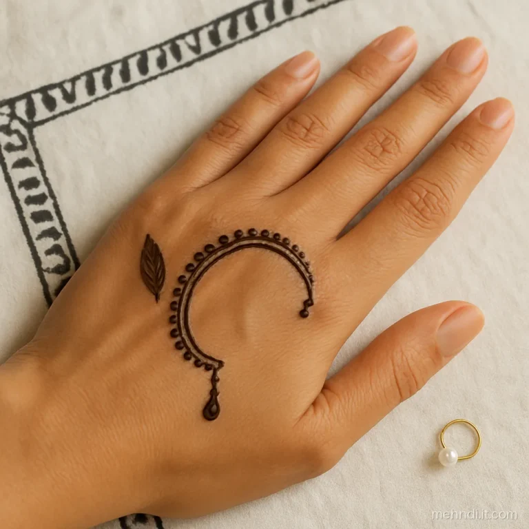 Back of the hand with a curved nath nose-ring shape built from tiny dots and pearls