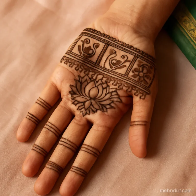 Bride's right palm with a paithani-style peacock border across the base of the fingers