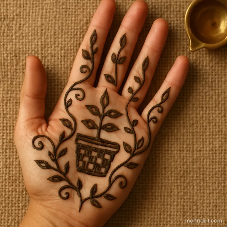 Bride's left palm with a tulsi vrindavan planter in the centre and leaf vines around