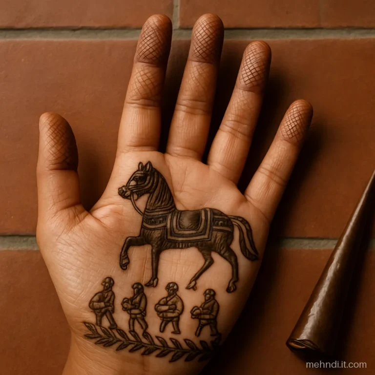 Palm with a decorated ghodi and baraat drummers walking in a row across the hand