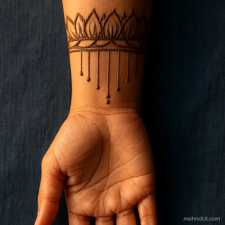Bridal forearm with a thick lotus band placed just above where the chooda will sit