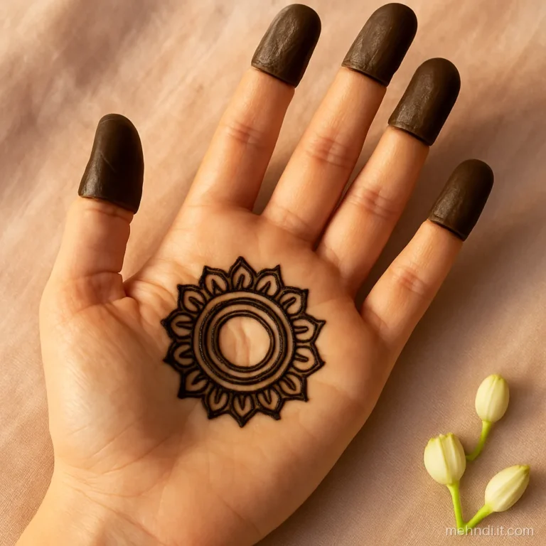Bridal palm with one big gol tikki in the centre and solid filled fingertips