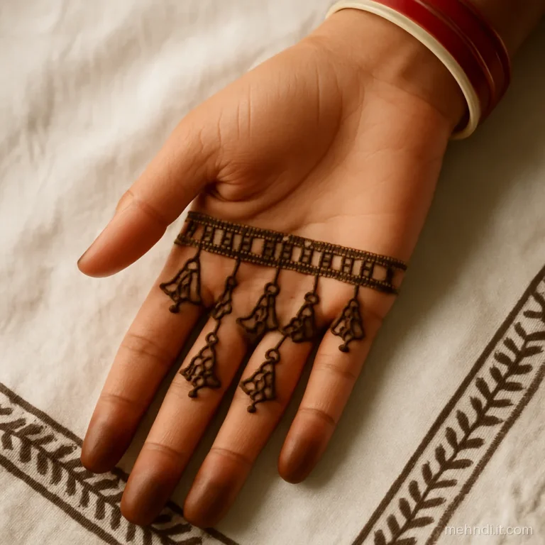 Bride's left palm with kaleere drops falling from a curved band across the knuckles