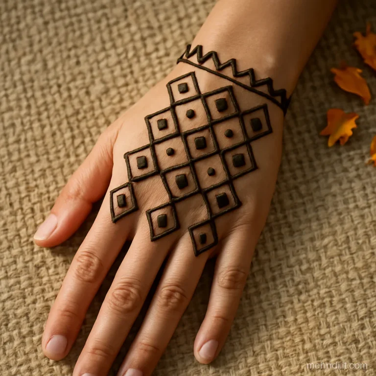 Back of the hand with phulkari-style diamond flowers stacked in rows from wrist to knuckles