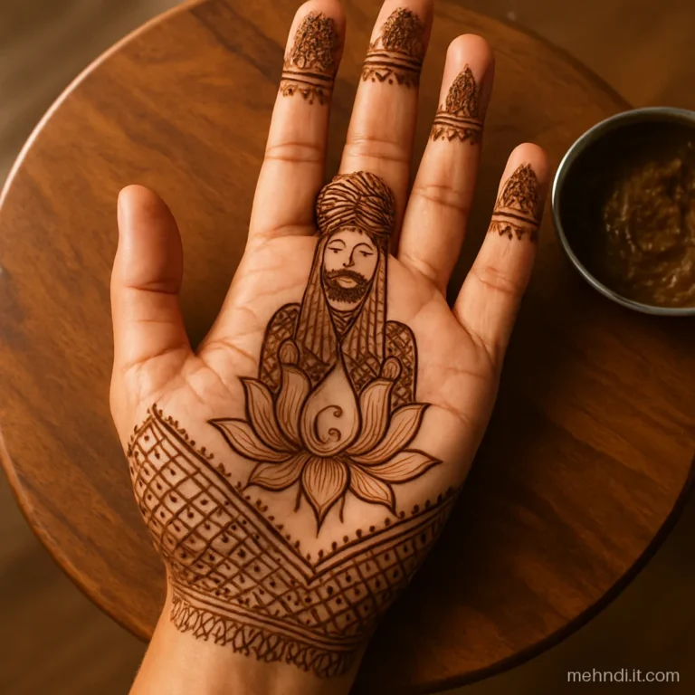 Bride's right palm with a groom in a sehra and initials hidden inside lotus petals