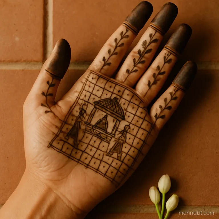 Bride's right palm with a doli carried by two kahars inside a fine square jaal grid