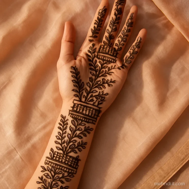 Bridal arm covered from fingertips to elbow in tall bel lines and checked patches