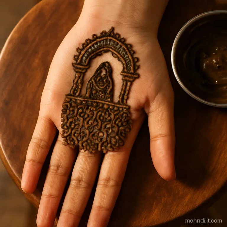 Bride's left palm with an arched jharokha window and a little bride figure looking out