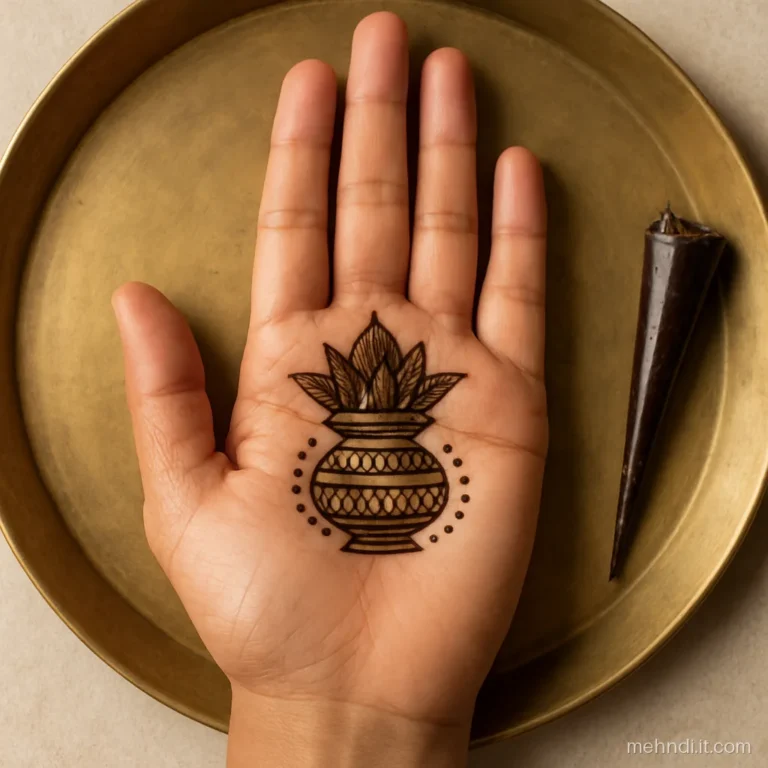 Bride's right palm with a mango-leaf kalash inside a circle of tiny gol tikki dots