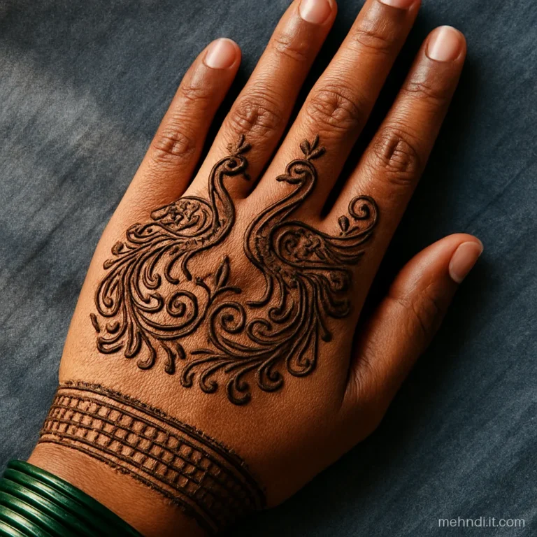 Back of the bride's hand with two facing peacocks resting above a wide kangan band