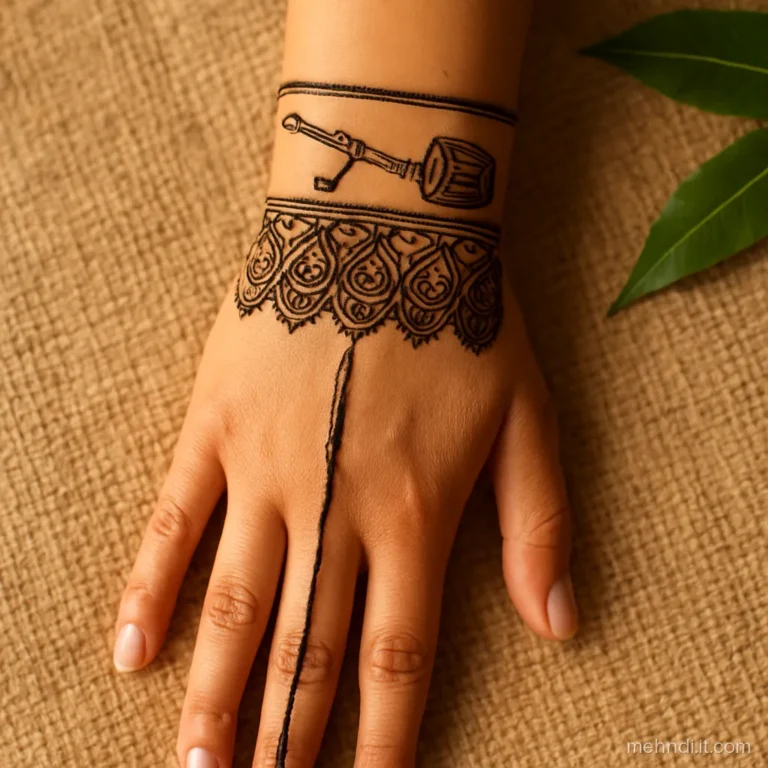 Bridal forearm with shehnai and dhol motifs in a band above dense paisley filling