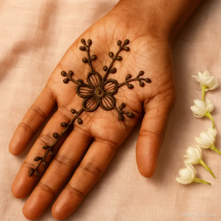 Bride's palm with jasmine flower strings drawn down each finger to a round flower