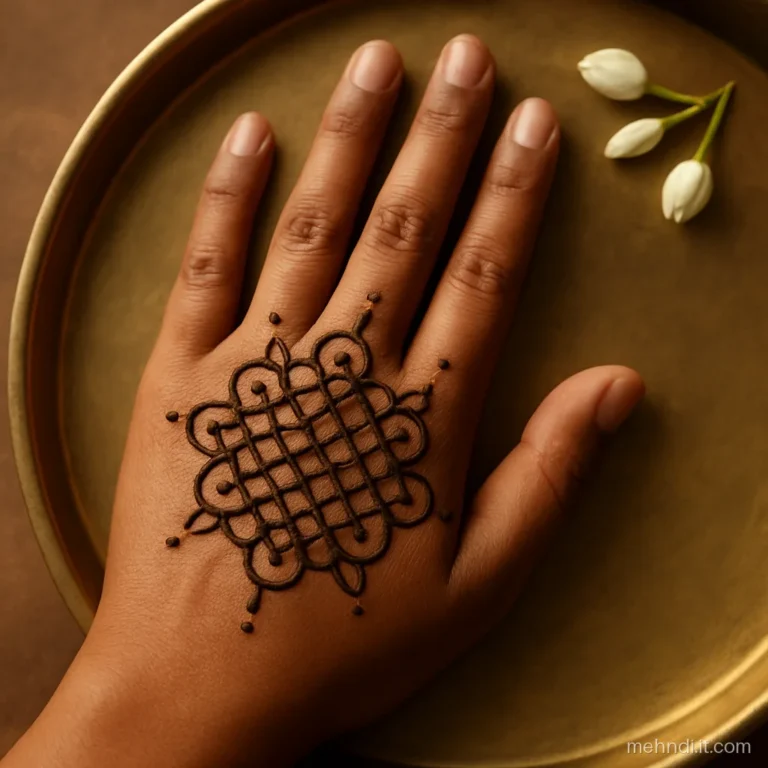 Bride's right palm with a kolam dot grid joined by looping lines into a flower