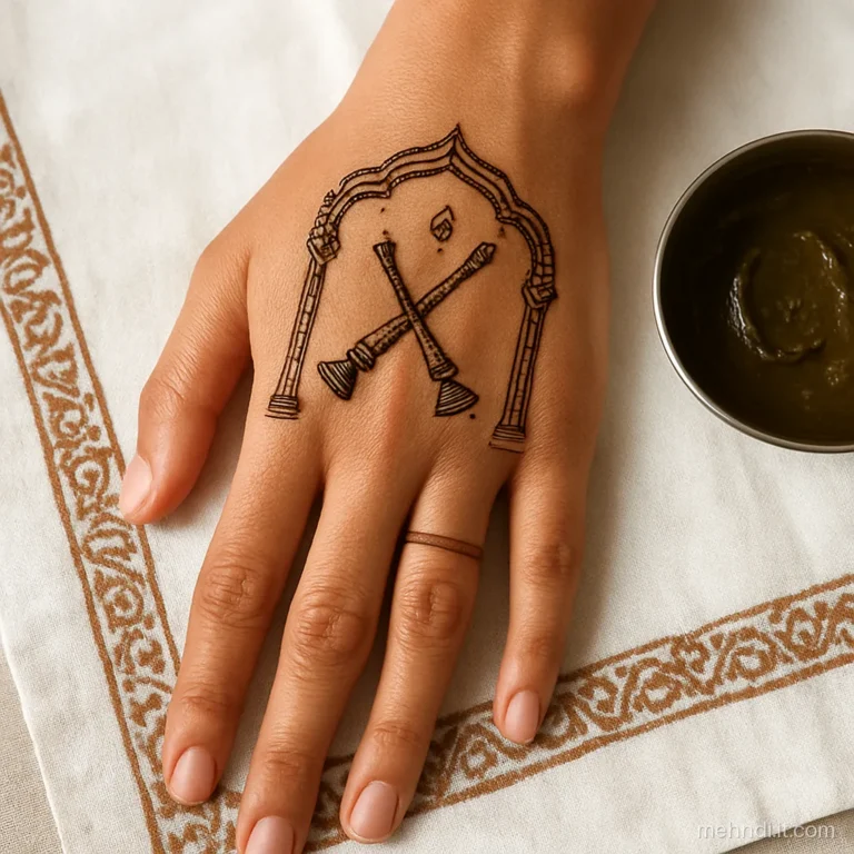 Back of the hand with an arched doorway, nadaswaram pipes and bells hanging from the top