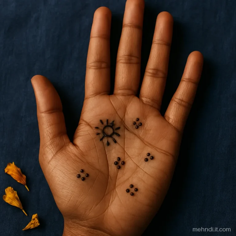 Bride's left palm with a small sun circle and scattered dot clusters for a light look