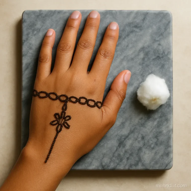 Chain link wrist band joined to a ring on the middle finger