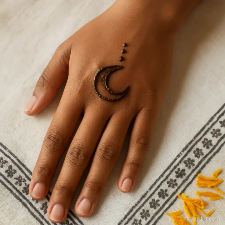 Small crescent moon with gol tikki on the back of the hand